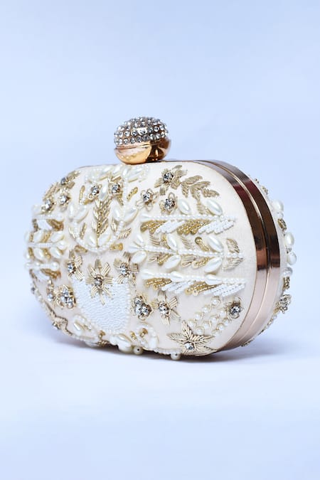Buy_The Tan Clan_Gold Embroidery, Zari Elizah Floral Hand Clutch _Online_at_Aza_Fashions