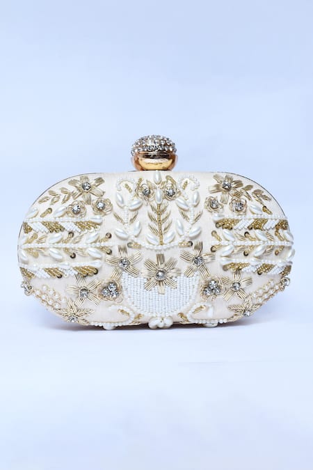 Shop_The Tan Clan_Gold Embroidery, Zari Elizah Floral Hand Clutch _Online_at_Aza_Fashions