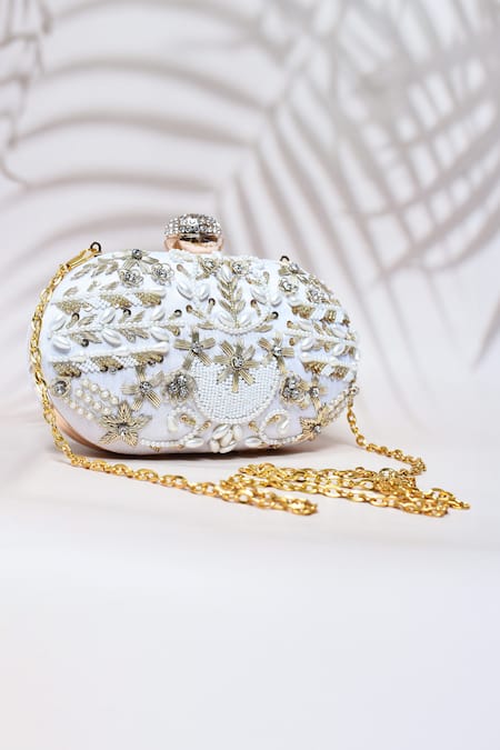 Shop_The Tan Clan_White Embroidery, Pearls Elizah Flower Hand Clutch _at_Aza_Fashions