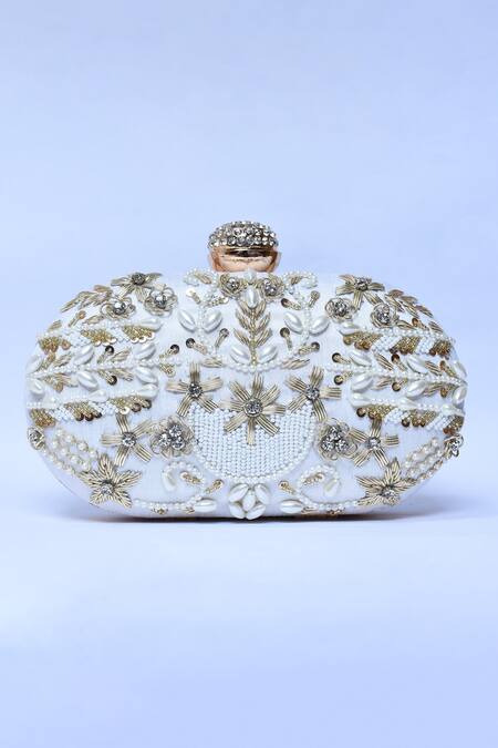 The Tan Clan_White Embroidery, Pearls Elizah Flower Hand Clutch _Online_at_Aza_Fashions
