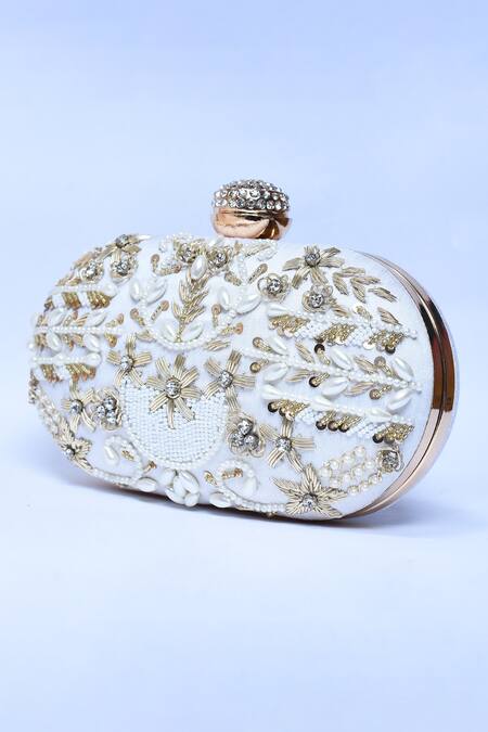 Buy_The Tan Clan_White Embroidery, Pearls Elizah Flower Hand Clutch _Online_at_Aza_Fashions