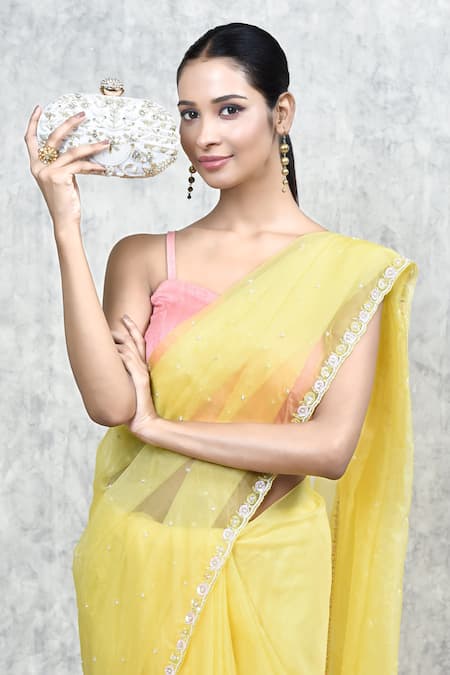 The Tan Clan_White Embroidery, Pearls Elizah Flower Hand Clutch _at_Aza_Fashions