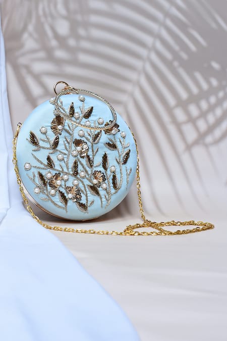 Shop_The Tan Clan_Blue Hand Embroidery Falaq Clutch _at_Aza_Fashions