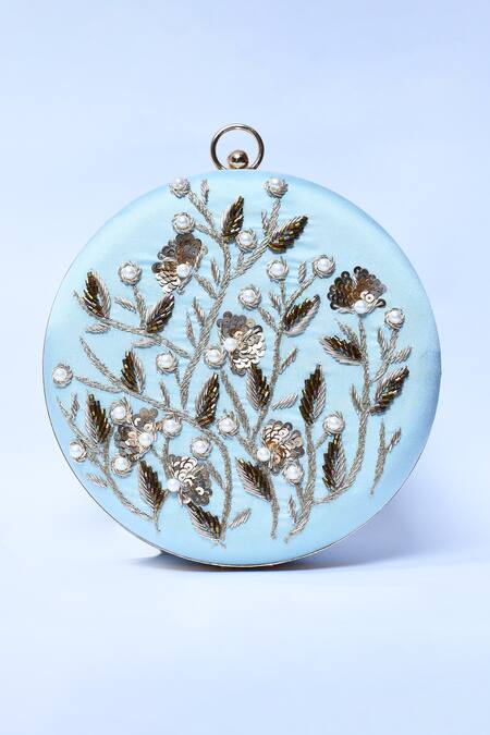 The Tan Clan_Blue Hand Embroidery Falaq Clutch _Online_at_Aza_Fashions