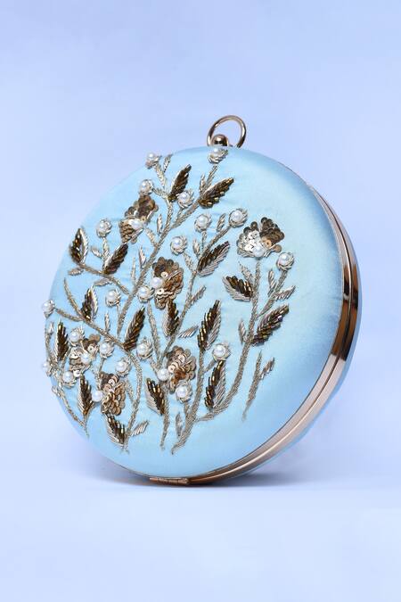 Buy_The Tan Clan_Blue Hand Embroidery Falaq Clutch _Online_at_Aza_Fashions