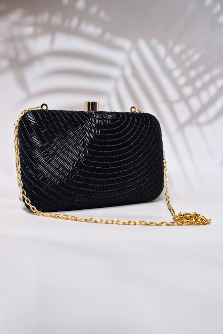 Shop_The Tan Clan_Black Embroidery Glitz Hand Clutch _at_Aza_Fashions