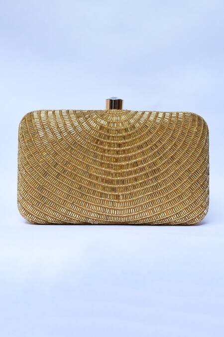 The Tan Clan_Gold Embroidery, Beads Glitz Silk Clutch _Online_at_Aza_Fashions