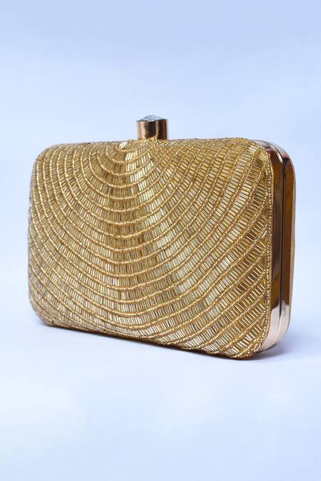 Buy_The Tan Clan_Gold Embroidery, Beads Glitz Silk Clutch _Online_at_Aza_Fashions