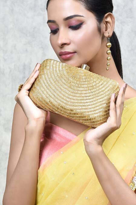 The Tan Clan_Gold Embroidery, Beads Glitz Silk Clutch _at_Aza_Fashions
