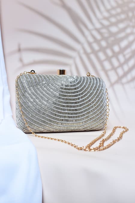 Shop_The Tan Clan_Silver Hand Embroidery Glitz Silk Clutch _at_Aza_Fashions