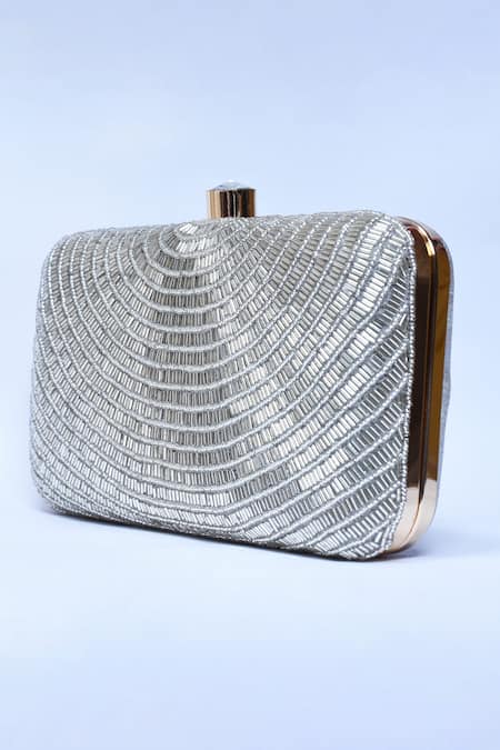 Buy_The Tan Clan_Silver Hand Embroidery Glitz Silk Clutch _Online_at_Aza_Fashions