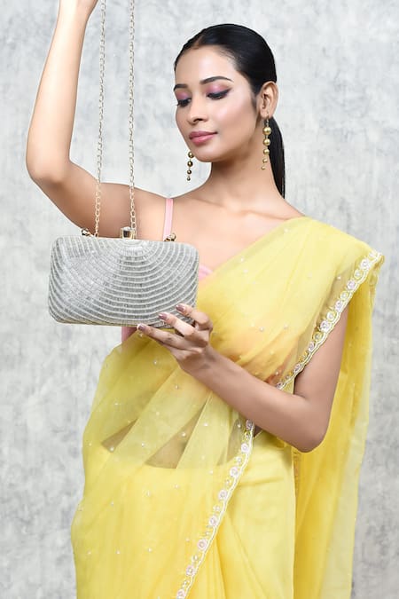 The Tan Clan_Silver Hand Embroidery Glitz Silk Clutch _at_Aza_Fashions