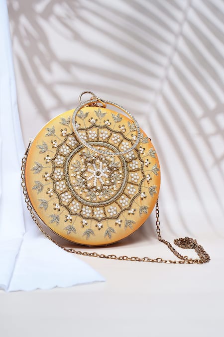 Shop_The Tan Clan_Yellow Hand Embroidery Ifrah Clutch _at_Aza_Fashions