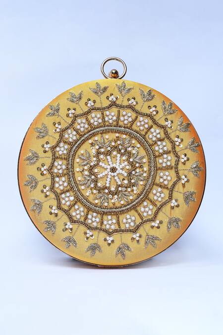 The Tan Clan_Yellow Hand Embroidery Ifrah Clutch _Online_at_Aza_Fashions