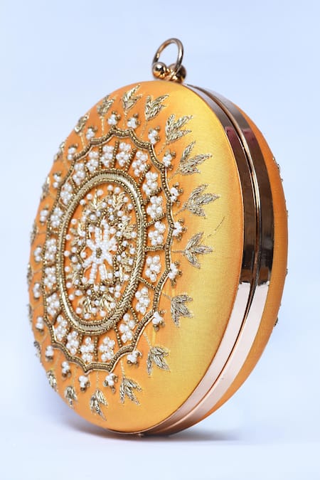 Buy_The Tan Clan_Yellow Hand Embroidery Ifrah Clutch _Online_at_Aza_Fashions
