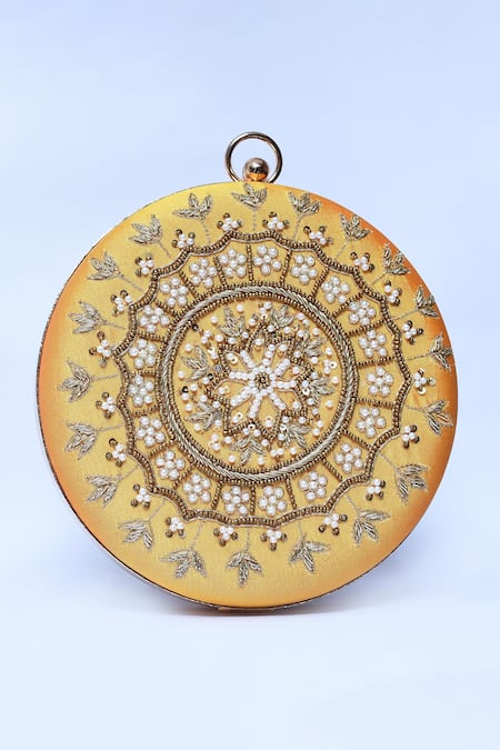 Shop_The Tan Clan_Yellow Hand Embroidery Ifrah Clutch _Online_at_Aza_Fashions