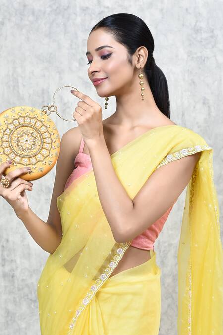 The Tan Clan_Yellow Hand Embroidery Ifrah Clutch _at_Aza_Fashions