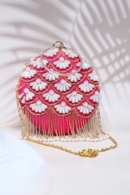 Shop_The Tan Clan_Pink Embroidery, Pearls Irsa Hand Clutch _at_Aza_Fashions
