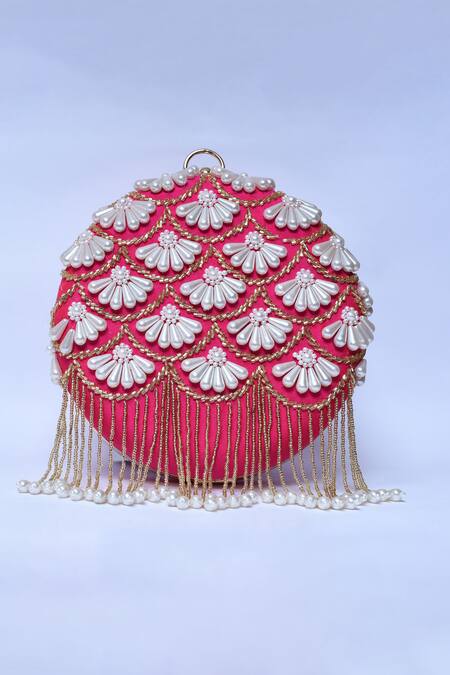 The Tan Clan_Pink Embroidery, Pearls Irsa Hand Clutch _Online_at_Aza_Fashions