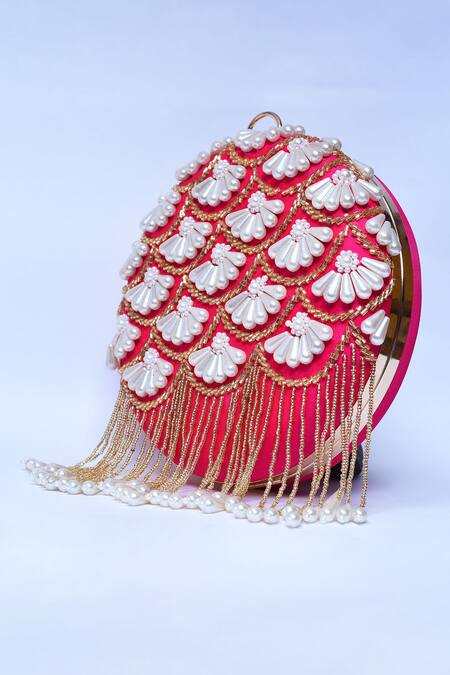 Buy_The Tan Clan_Pink Embroidery, Pearls Irsa Hand Clutch _Online_at_Aza_Fashions