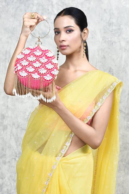 The Tan Clan_Pink Embroidery, Pearls Irsa Hand Clutch _at_Aza_Fashions