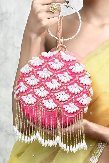 Buy The Tan Clan Pink Embroidery, Pearls Irsa Hand Clutch Buy_The Tan Clan_Pink Embroidery, Pearls Irsa Hand Clutch