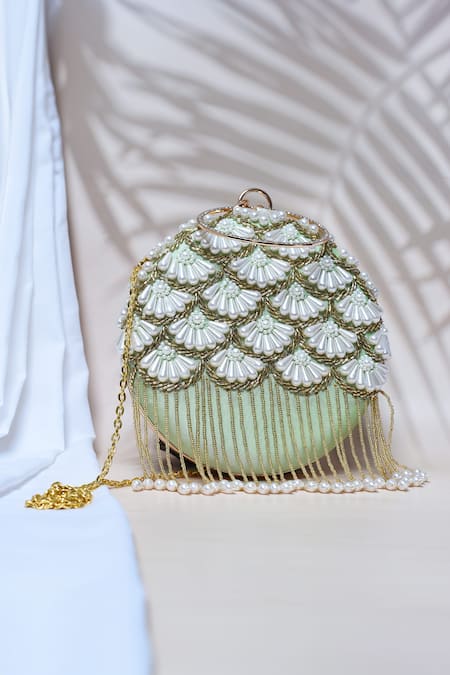 Shop_The Tan Clan_Green Embroidery Irsa Scallop Hand Clutch _at_Aza_Fashions