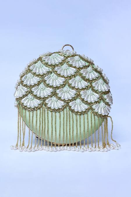 The Tan Clan_Green Embroidery Irsa Scallop Hand Clutch _Online_at_Aza_Fashions