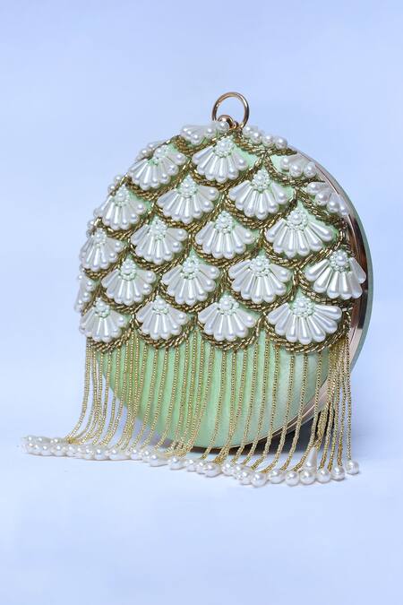 Buy_The Tan Clan_Green Embroidery Irsa Scallop Hand Clutch _Online_at_Aza_Fashions