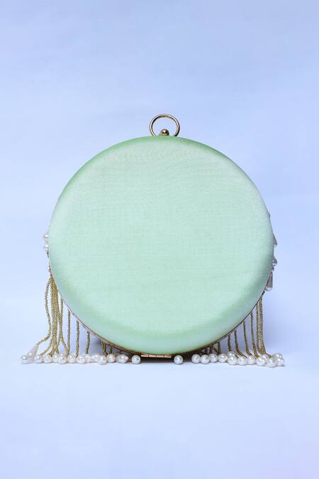 Shop_The Tan Clan_Green Embroidery Irsa Scallop Hand Clutch _Online_at_Aza_Fashions