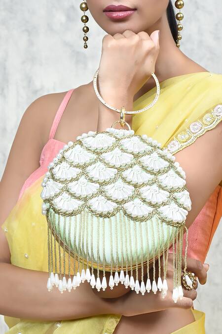 The Tan Clan Green Embroidery Irsa Scallop Hand Clutch at Aza Fashions The Tan Clan_Green Embroidery Irsa Scallop Hand Clutch _at_Aza_Fashions