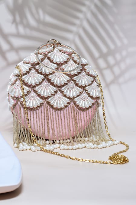 Shop_The Tan Clan_Peach Hand Embroidery Irsa Silk Clutch _at_Aza_Fashions