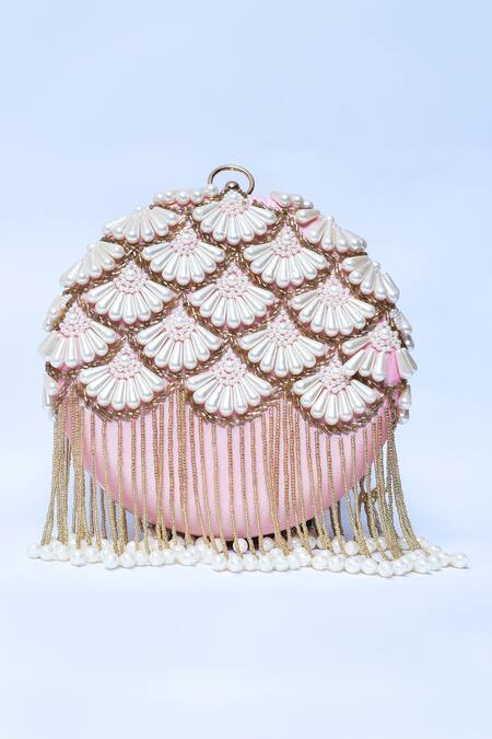 The Tan Clan_Peach Hand Embroidery Irsa Silk Clutch _Online_at_Aza_Fashions
