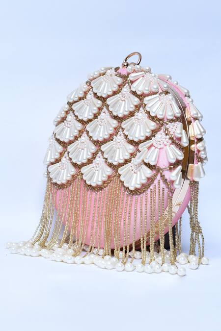 Buy_The Tan Clan_Peach Hand Embroidery Irsa Silk Clutch _Online_at_Aza_Fashions