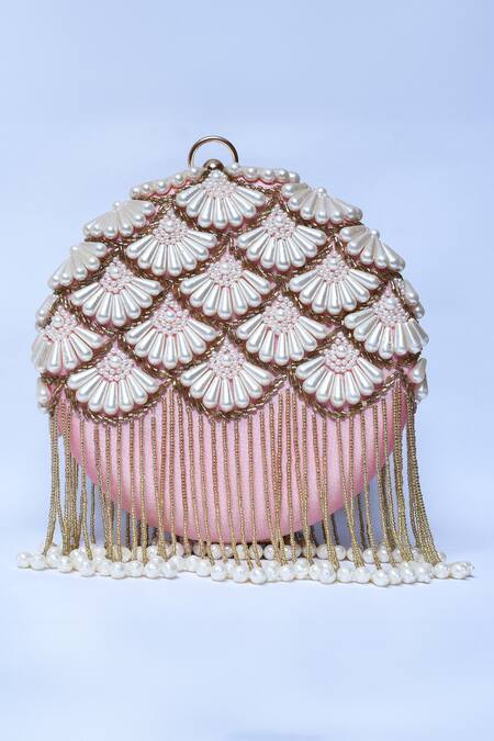 Shop_The Tan Clan_Peach Hand Embroidery Irsa Silk Clutch _Online_at_Aza_Fashions