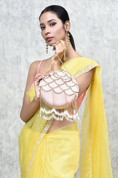 The Tan Clan_Peach Hand Embroidery Irsa Silk Clutch _at_Aza_Fashions