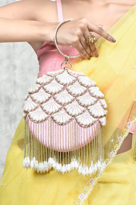 Buy The Tan Clan Peach Hand Embroidery Irsa Silk Clutch Buy_The Tan Clan_Peach Hand Embroidery Irsa Silk Clutch