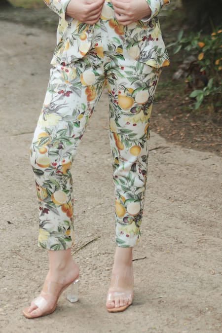 Buy_The Long Iland_Green Satin Printed Fruit Blazer Lapel Collar Pant Set _Online_at_Aza_Fashions