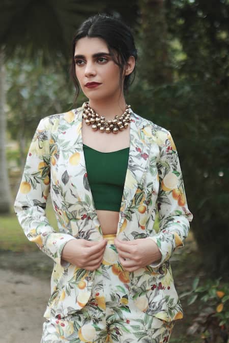 Shop_The Long Iland_Green Satin Printed Fruit Blazer Lapel Collar Pant Set _Online_at_Aza_Fashions
