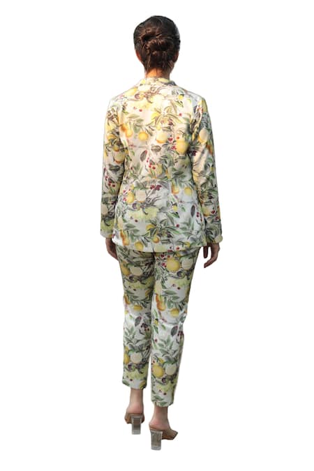 The Long Iland_Green Satin Printed Fruit Blazer Lapel Collar Pant Set _at_Aza_Fashions