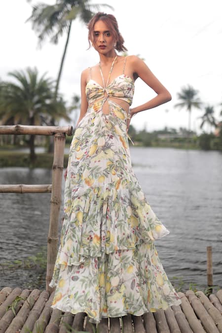 The Long iLand Fruit Print Tiered Cut-Out Gown 