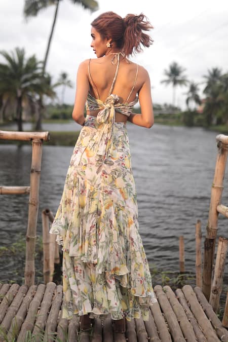 The Long Iland Fruit Print Tiered Cut-Out Gown 