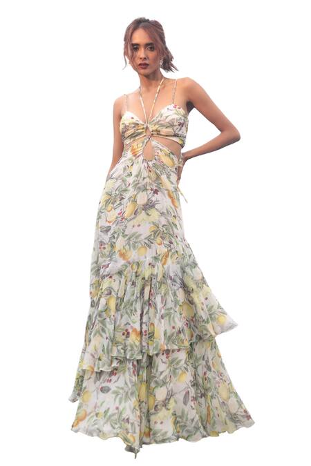 The Long Iland_Green Georgette Printed Fruit Halter Neck Tiered Cut-out Gown  _Online_at_Aza_Fashions