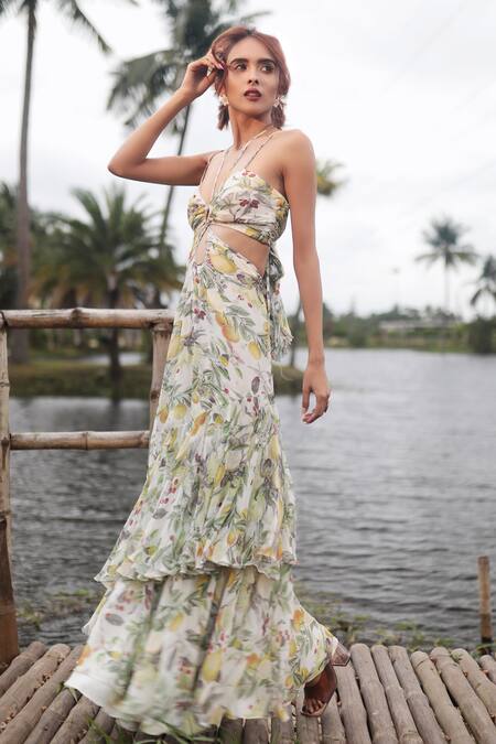 Shop_The Long Iland_Green Georgette Printed Fruit Halter Neck Tiered Cut-out Gown  _Online_at_Aza_Fashions