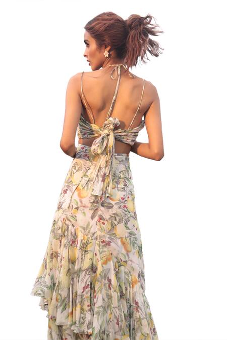 The Long Iland_Green Georgette Printed Fruit Halter Neck Tiered Cut-out Gown  _at_Aza_Fashions