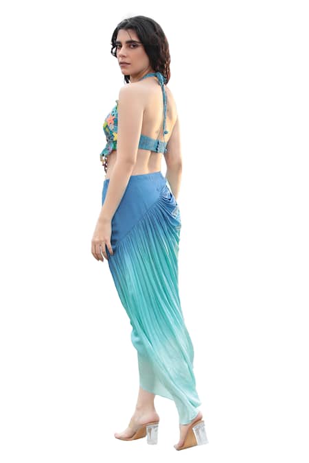 Buy The Long Iland Blue Threadwork Crochet Round Marine Crop Top With Ombre Skirt Online at Aza Fashions Buy_The Long Iland_Blue Threadwork Crochet Round Marine Crop Top With Ombre Skirt _Online_at_Aza_Fashions