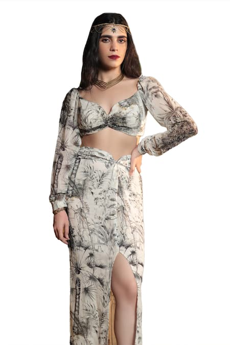 The Long Iland_Black Georgette Printed Forest Sweetheart Crop Top With Slit Skirt _Online_at_Aza_Fashions