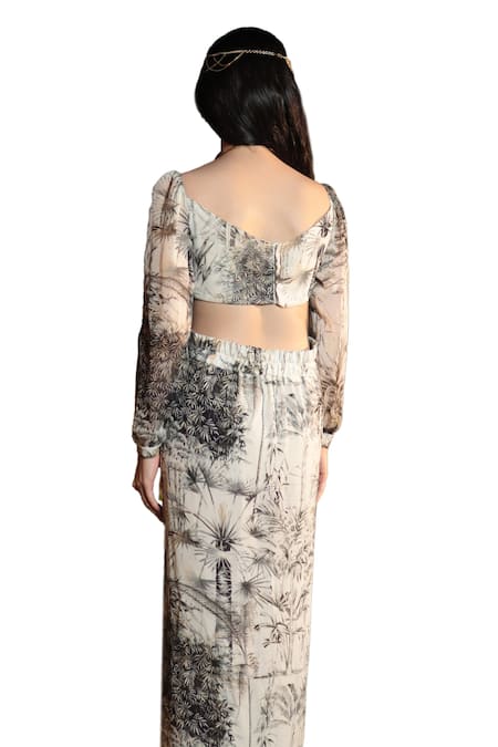 The Long Iland_Black Georgette Printed Forest Sweetheart Crop Top With Slit Skirt _at_Aza_Fashions