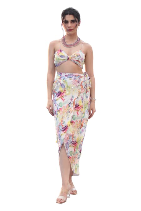 The Long Iland Off White Crepe Printed Marine Sweetheart Crop Top With Slit Skirt Online at Aza Fashions The Long Iland_Off White Crepe Printed Marine Sweetheart Crop Top With Slit Skirt _Online_at_Aza_Fashions