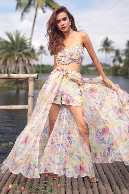 Buy_The Long Iland_Off White Organza, Georgette Beads, Sequins Embellished Crop Top Skirt Set _Online_at_Aza_Fashions